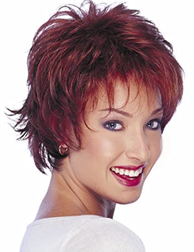 RENERSHOW Къси червени къдрави перуки в стил pixie за бели жени с бретон, синтетични перука с бордо подсветка, 6 инча