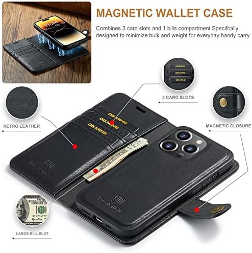 ZORSOME DG.МИНГ за iPhone 14 Pro Max Калъф-портфейл от естествена кожа, свалящ-портфейла от Спилка 2 в 1 За мобилен Телефон, Калъф с магнитна основа, Черен