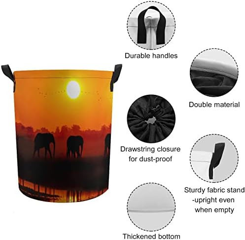 Африканските Слонове по Залез слънце 42Л Кръгла Кошница за дрехи, Сгъваема Кошница за Дрехи с Завязками Отгоре
