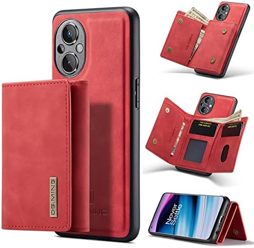 Чанта-портфейл с панти капак за телефон, свалящ-джобен формат 2 в 1 за Oneplus Nord N20 5G, Кожен Тънък калъф За телефон, Защитен калъф-портфейл с магнитна задната стойка, държач за карти + джоб за пари (Цвят: червен)
