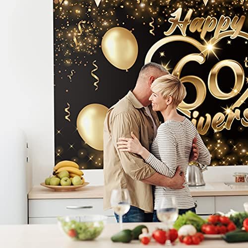 Честит Фон за 60–Годишнината, Банер, Декор, Черно Златно Сърце с Пайети, Щастливо 60-Годишнина, Сватба, Тематични Украси за Партита за Жени, Мъжки Аксесоари