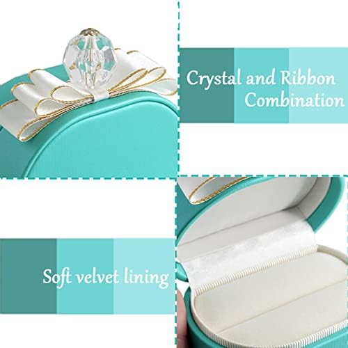 Кадифе малка кутийка за пръстени с лък Trendlooks - Премиум Калъф-витрина с двоен о-пръстен за предложения за брак, Годеж, Сватба, Съхранение подаръци за церемонии (TIFF BLUE)