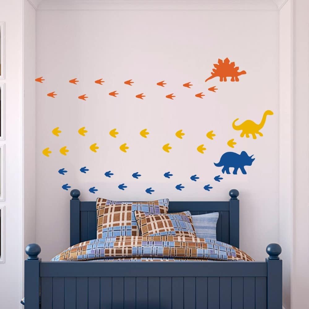Стикер за стена с Динозавром Yuanan Винилови Стикери с Отпечатъци за Детска Спалня, Стая за Момчета или Момичета, Игри Стая, Класната Стая, Хол в Оранжево, Синьо и Жълто
