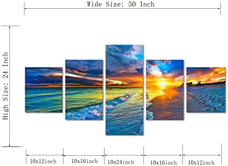 5 Панели Морски Плаж под Залеза на Платното Картините на Стенно Изкуство Природен Пейзаж Океана с Цветни облачни Природа Произведения на изкуството в рамка Лесно да се мотае-50-инчов x 24 инча