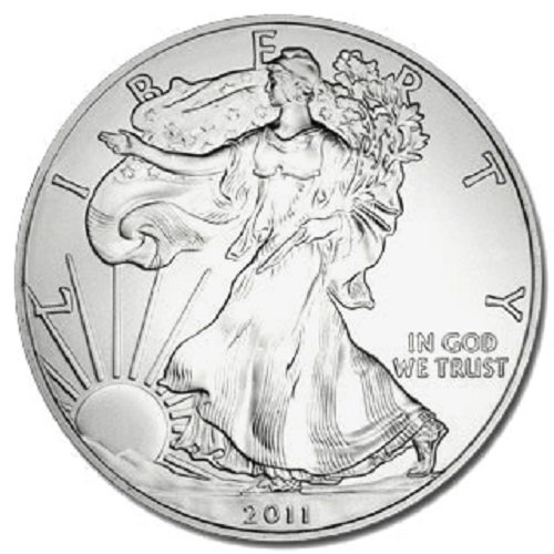 2011-1 Унция американски Сребърен Орел с нисък фиксиран лихвен процент за доставка. 999 тънки сребърни долара, като не се търгуват на монетния двор на САЩ