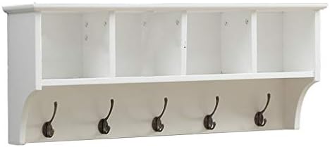 Стенни Закачалка за дрехи rUrEu, Стенни полк с Т-образен шкаф за съхранение, 5 Метални Куки, богат на функции Декоративни Стенни рамка, Подходяща за баня в коридора / Бял