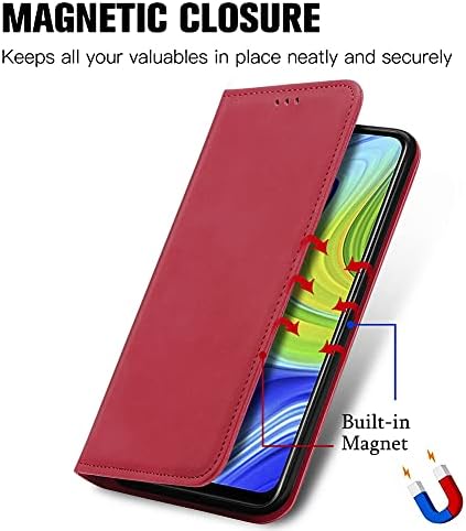 Калъф Hicaseer за Redmi 10X 4G, защитен калъф от изкуствена кожа, 2 слота за карти, Двойка закрепване на присосках със силен магнит, защитен калъф-хастар за Xiaomi Redmi 10X 4G 6,53 - Черв