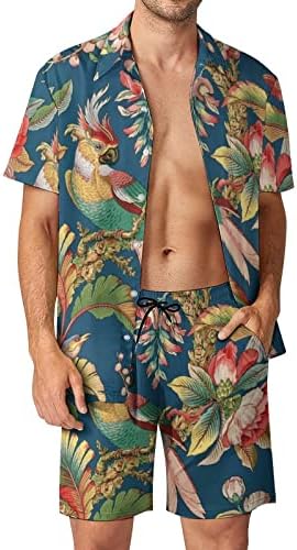 WEEDKEYCAT Античен Френски Шинуазри в Синя Мъжка Плажна дрехи, Хавайска Риза с копчета от 2 теми, Комплекти с Къс ръкав