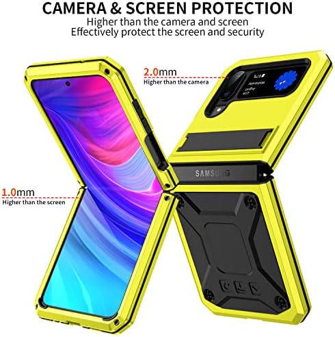 Съвместим с метален калъф за телефон Samsung Galaxy Z Flip 4, военна здрава метална стойка за тежки условия на работа, Пылезащитным противоударным калъф (жълт)