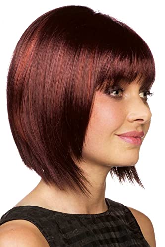 RENERSHOW Къси червени перуки в стил pixie-боб за бели жени, бордо перука-боб до брадичката с бретон, права коса, синтетични перука