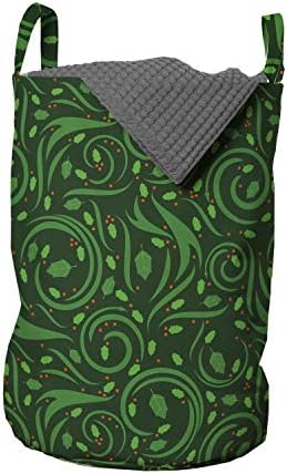 Чанта за дрехи Lunarable Nature, Листа с растителни swirls и Плодове под формата на точки, Кошница за дрехи с дръжки, закрывающаяся на шнур, за пране, 13 x 19, Зелен, Тъмно Зелен