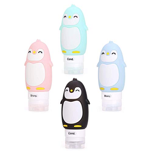 Комплект аксесоари за херметически силиконови пътни бутилки AUTENS, 3 грама (90 мл), 4 опаковки за Многократна употреба улични контейнери с сладък Пингвин за шампоан, ло?