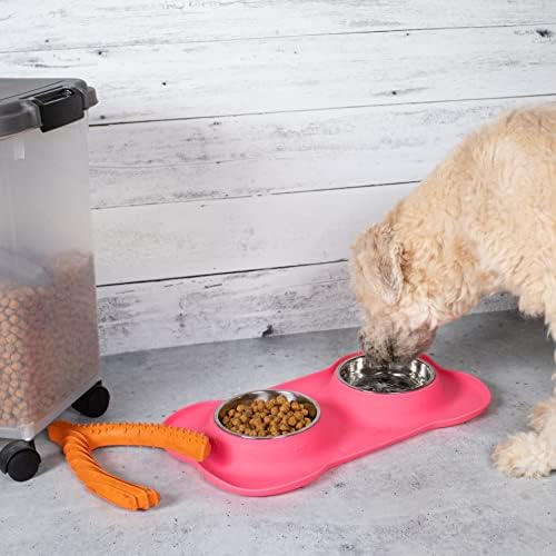 Най-добрите в Интернет набор от миск за кучета с костите - Двойна купичка за вода от неръждаема стомана за домашни любимци - Силиконова поставка, без разлив - Малки домашни любимци - розов