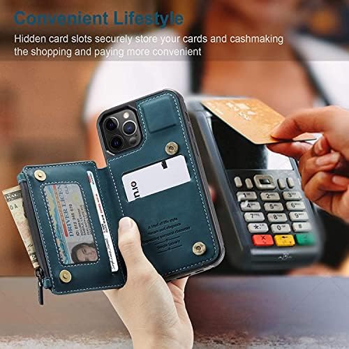 Чанта-портфейл SAAWEE, съвместим с iPhone 12 / 12Pro (6,1 инча), Кожен калъф с поставка и притежатели на кредитни карти [RFID lock], устойчив на удари калъф за iPhone 12 Pro / 12 (цвят: синьо)
