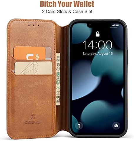 Вид на логото Casus е Съвместим с калъф-чанта iPhone 13, Фина Магнитна флип-надолу капачка от Изкуствена кожа с отделение за карти, Тънка поставка (2021) 6,1 (кафяв)