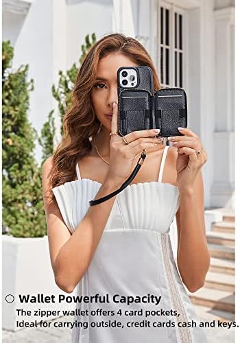 Чанта-портфейл ZVE за iPhone 14 Pro с каишка, Калъф с цип с притежателя на RFID-карти, Кожен Калъф-чанта за жени, Защитен калъф, Съвместим с iPhone 14 Pro 5G 6,1 (2022) - Черен
