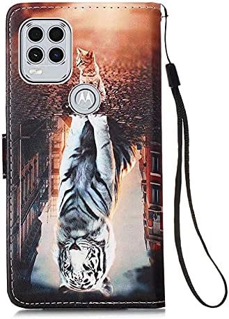 LEMAXELERS е Съвместим с Мото G Stylus 5G Калъф за телефон от Премиум-клас, Изкуствена Кожа, Магнитна Панти Чанта-портфейл с каишка на китката, в пълен размер, Калъф за Motorola Moto G Stylus 5G 2021 Lake Котка Тигър